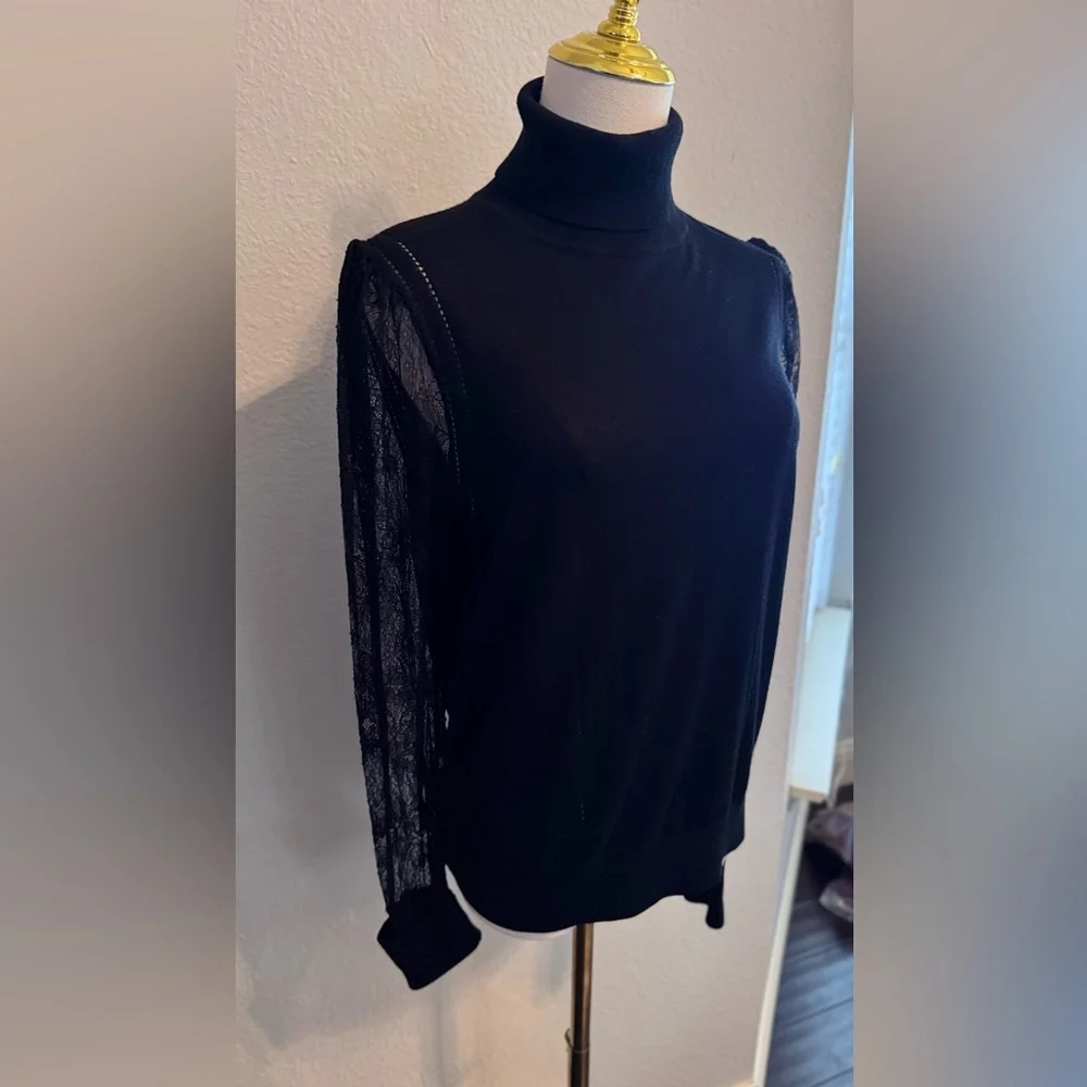 EQUIPMENT Femme Black Wool Silk Turtleneck Sweater Sheer Lace Sleeves Long Cuffs